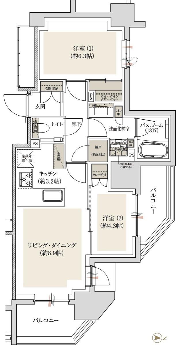 アトラス亀戸レジデンス Dタイプ 間取り図 2LDK+WIC+N 55.14㎡