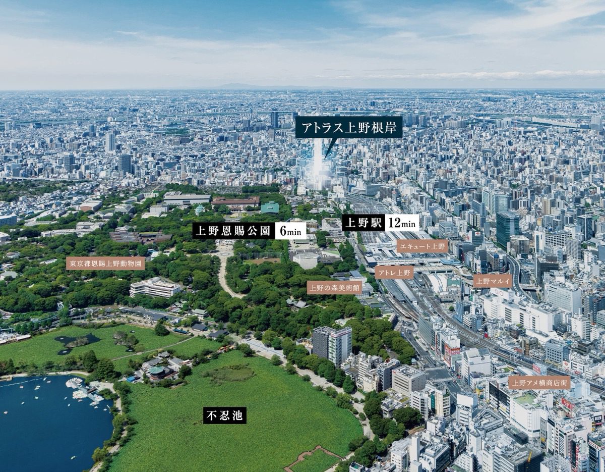 アトラス上野根岸 現地周辺航空写真 上野恩賜公園・不忍池・上野駅と物件の位置