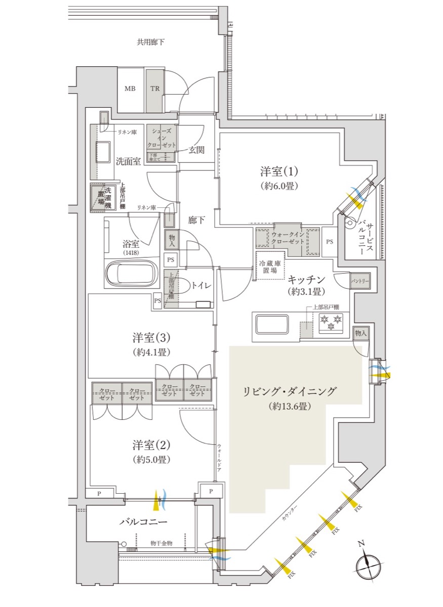 バウス日暮里 HBタイプ間取り図（3LDK・74.42㎡）