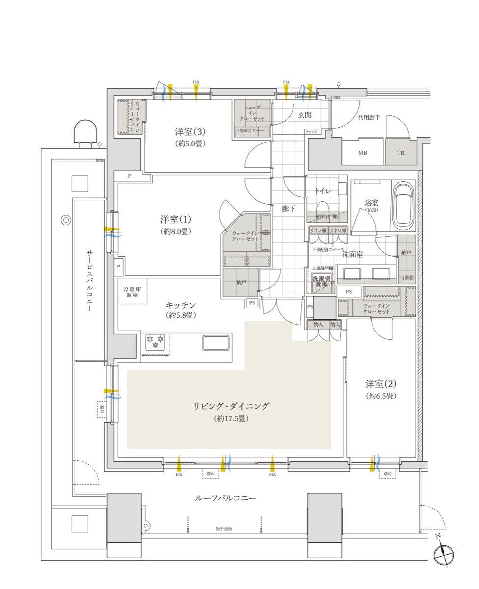 バウス日暮里 Tタイプ間取り図（3LDK・104.08㎡）