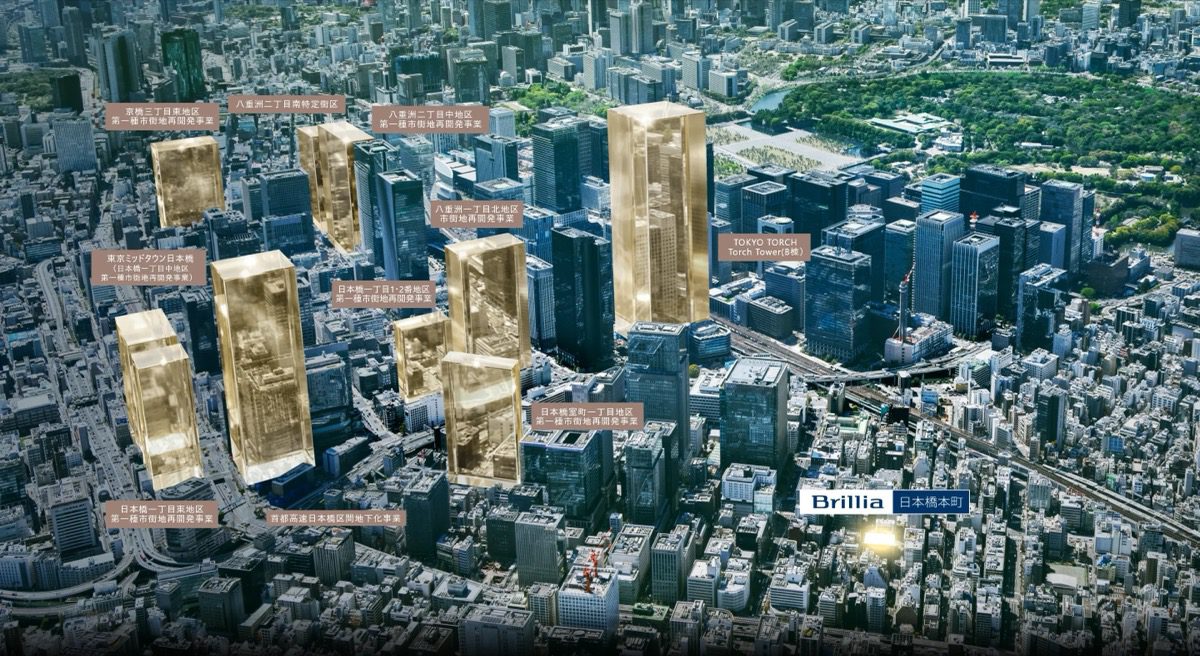 ブリリア日本橋本町 現地周辺航空写真 日本橋・八重洲・京橋の再開発事業の位置