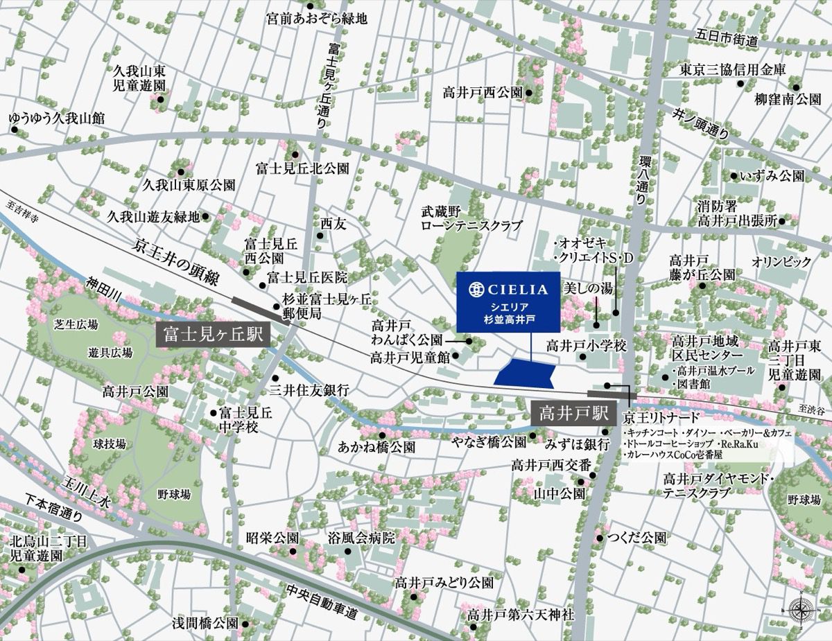 シエリア杉並高井戸 現地案内図 高井戸駅・富士見ヶ丘駅と物件の位置