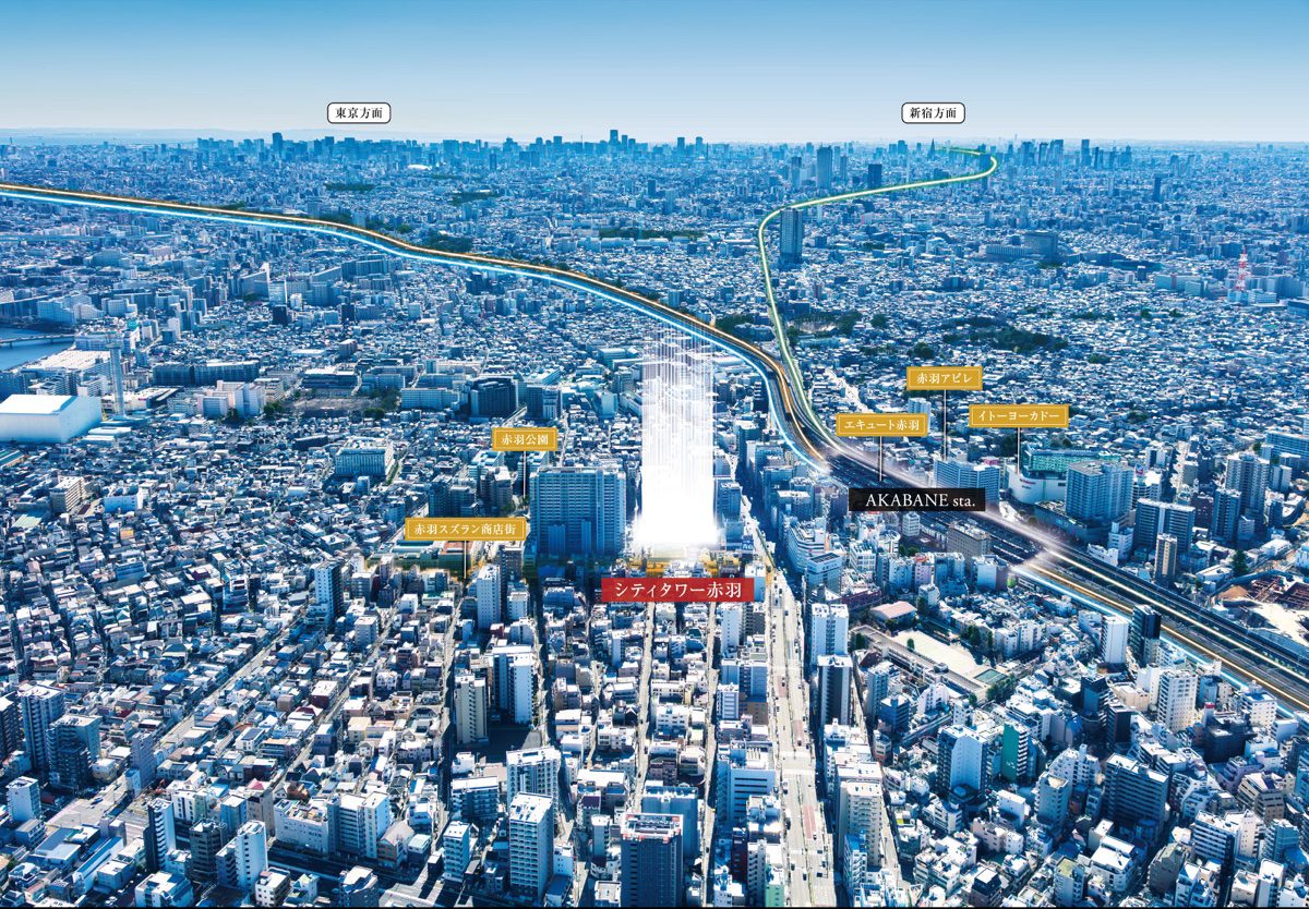 シティタワー赤羽 航空写真（北区岩淵町付近上空から南方面。東京方面・新宿方面へ延びる線路）