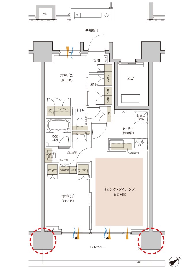 クレヴィア江古田 Type B 間取り図（2LDK・57.93㎡）