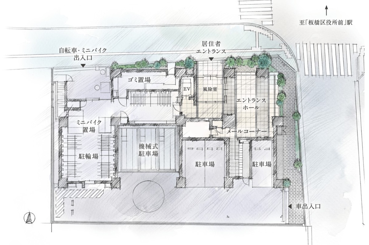 クレヴィア板橋区役所前 敷地配置イラスト 北側に居住者エントランス、東側に車出入口