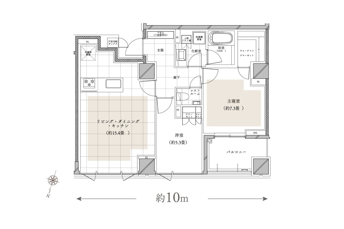 ディアナガーデン柿の木坂 Hタイプ間取り図（2LDK+WIC・67.26㎡・間口約10m）