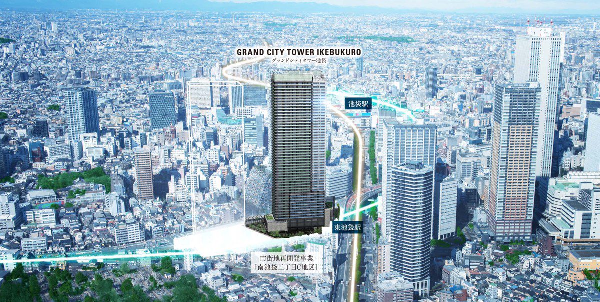 グランドシティタワー池袋 上空から見た建物と池袋駅・東池袋駅の位置