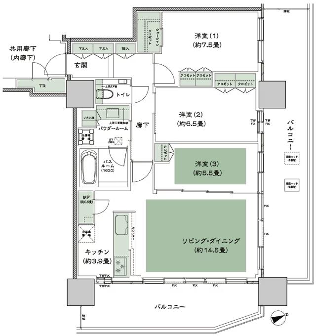 グランドシティタワー池袋 E-90A 間取り図（3LDK+N）