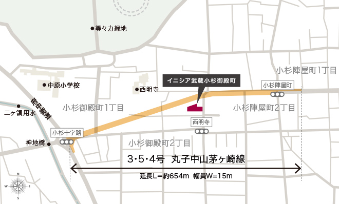 丸子中山茅ヶ崎線（小杉御殿工区）整備事業図 物件の北側を通る計画道路