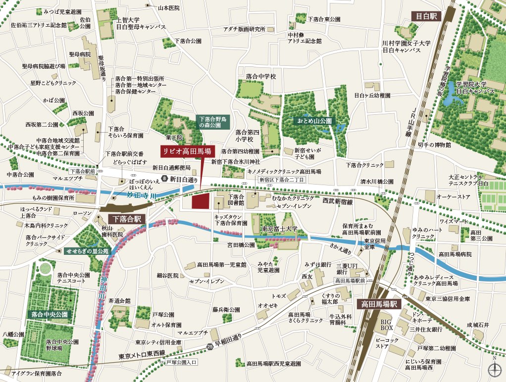リビオ高田馬場 現地案内図 下落合駅・高田馬場駅・新目白通り・神田川との位置関係