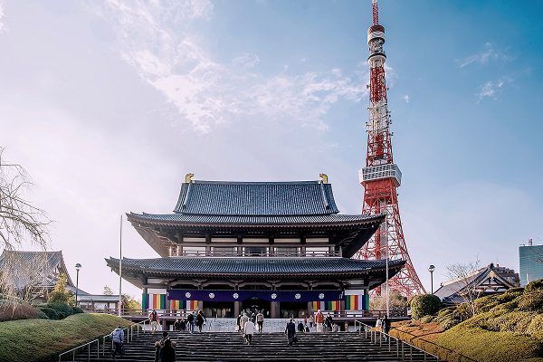 増上寺の大殿と東京タワー（写真）