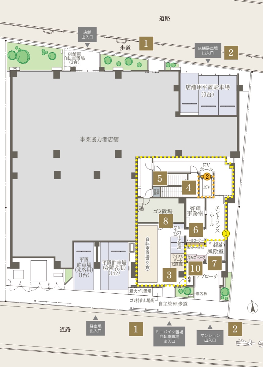 オーベルアーバンツ東武練馬 敷地配置図（1階の店舗・住居エントランス・駐輪場・駐車場）