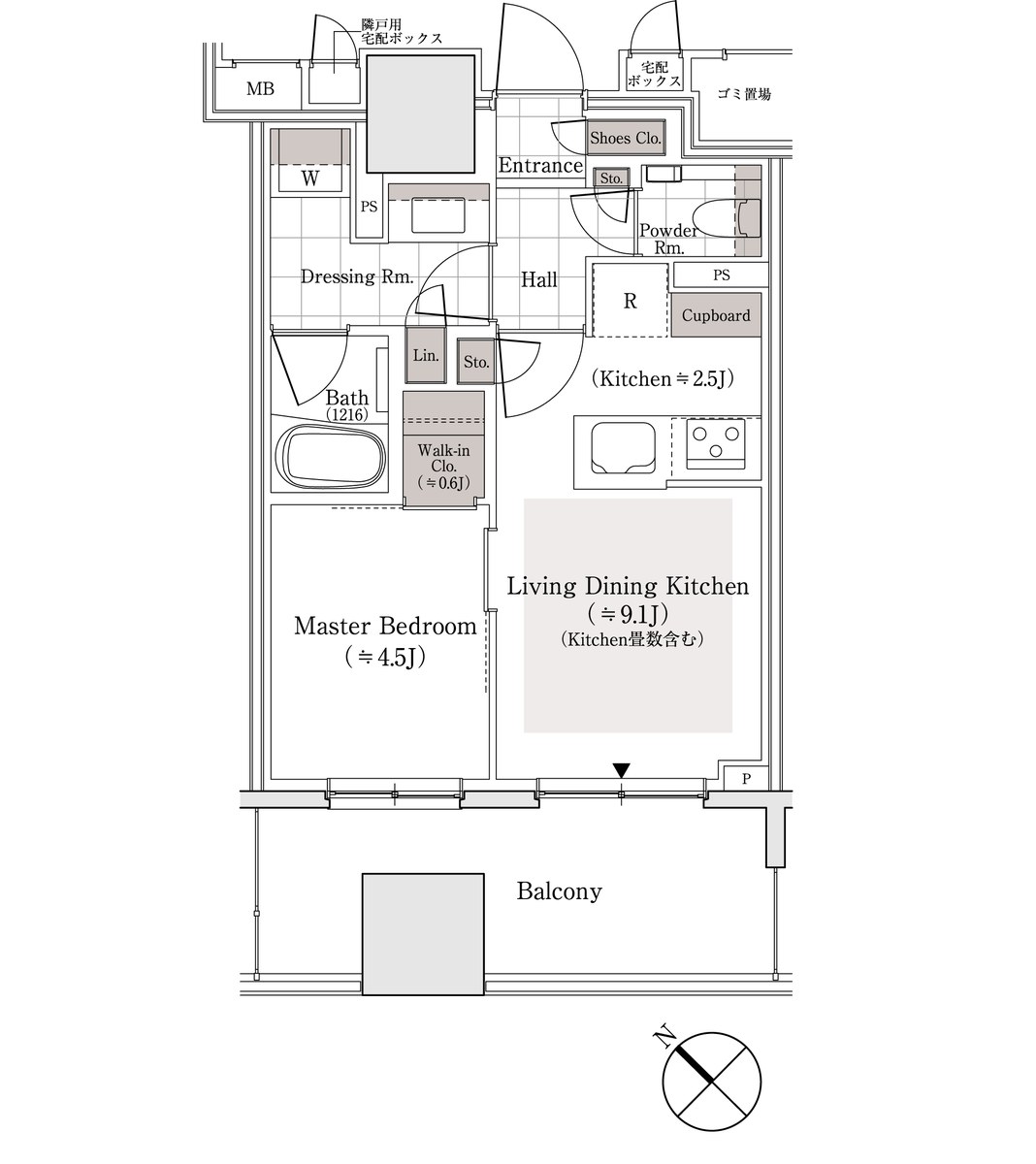 パークホームズ東銀座築地 Fタイプ間取り図 1LDK+WIC 36.95㎡