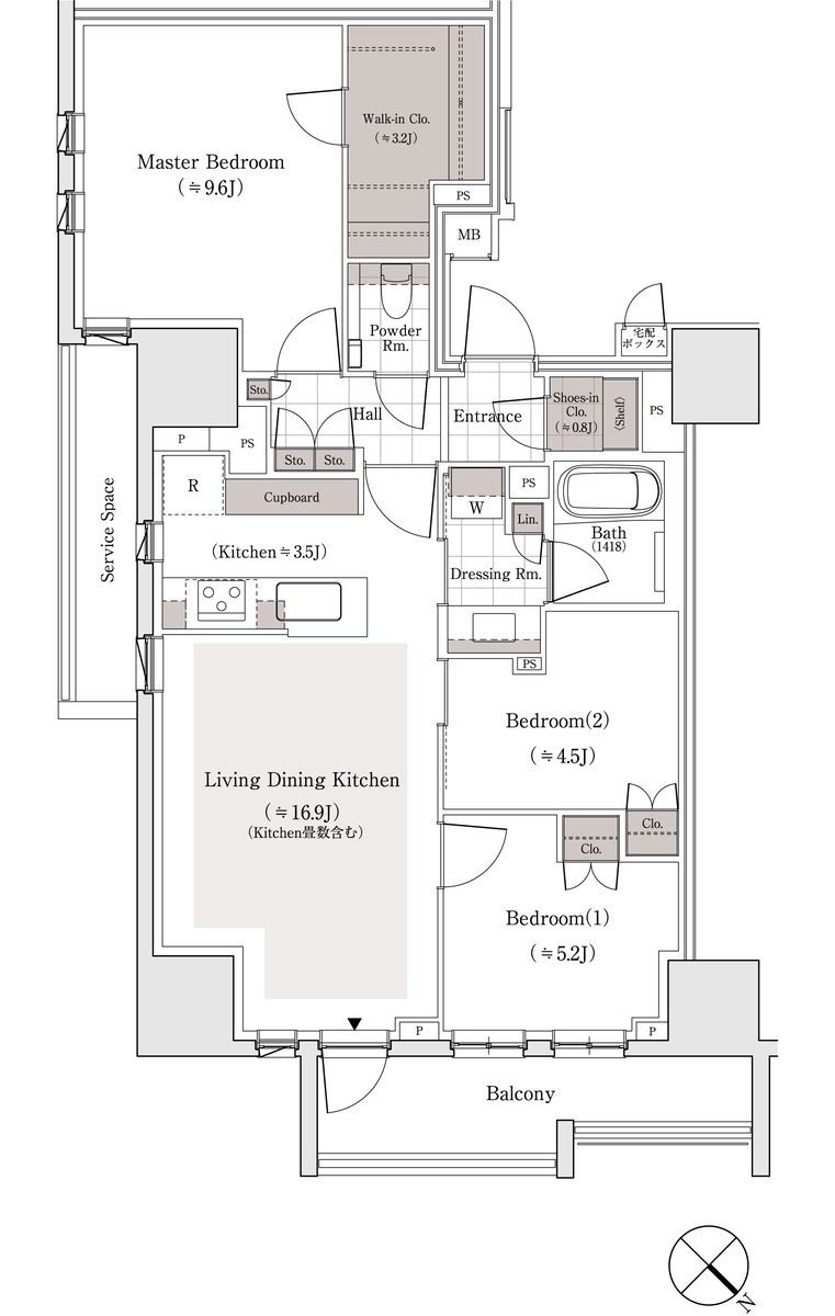 パークホームズ東銀座築地 Pタイプ間取り図 3LDK+WIC+SIC 82.02㎡