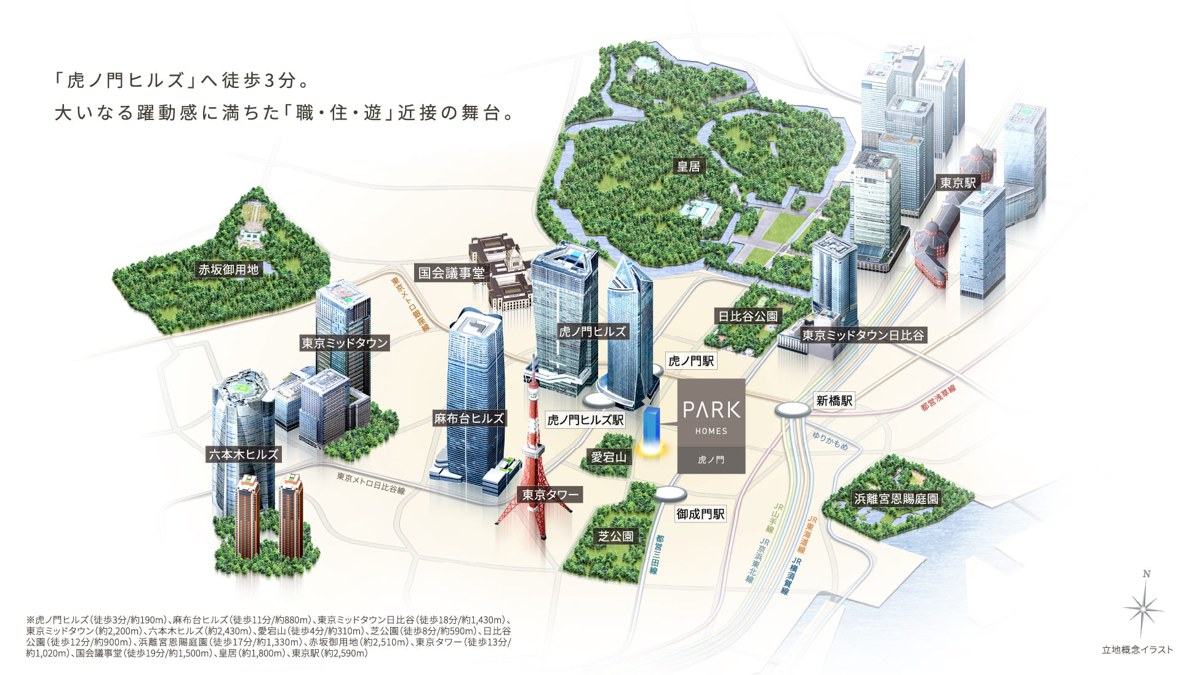 パークホームズ虎ノ門 立地概念イラスト（虎ノ門ヒルズなど周辺のビル群との位置関係）