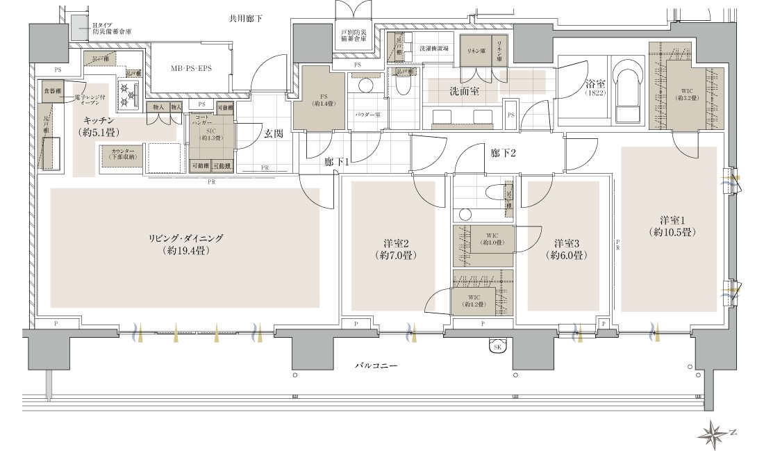 ザ・パークハウス千代田三番町 Gタイプ間取り図（3LDK+3WIC+SIC+FS・129.26㎡）