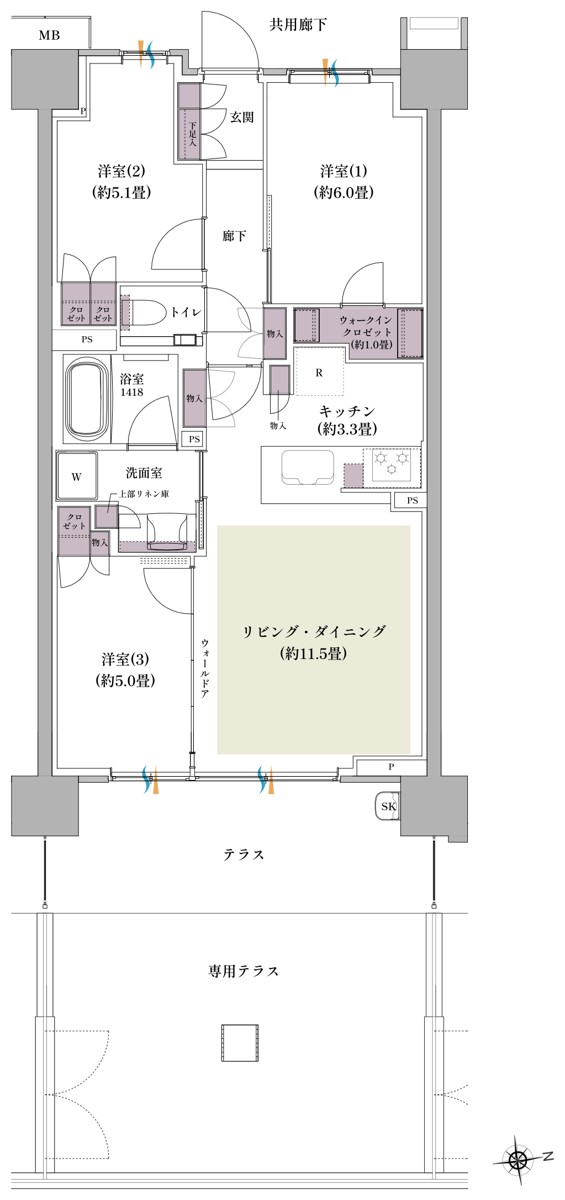ザ・パークハウス北綾瀬 E-68B2tタイプ間取り図 3LDK+WIC 68.37㎡ テラス・専用テラス付き