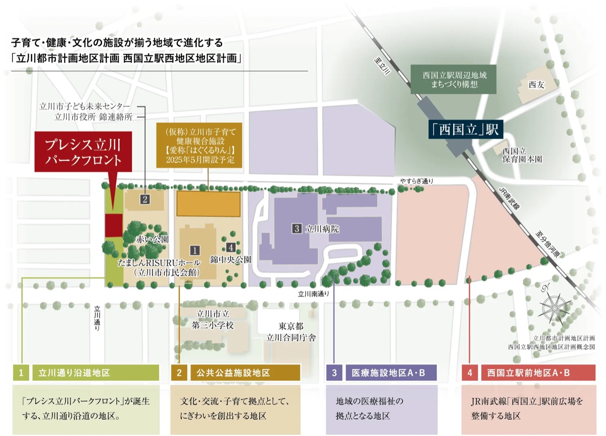 西国立駅西地区地区計画の概念図（物件は立川通り沿道地区、赤い公園は公共公益施設地区）