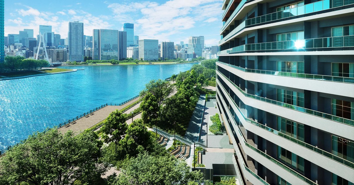 プラウドシティ門前仲町 外観完成予想CG（川沿いの緑地側から）